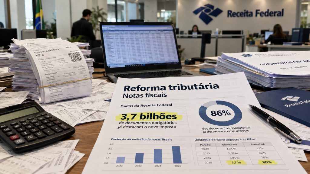 Reforma tributária já aparece em 3,7 bilhões de notas fiscais: Receita revela que 86% dos documentos obrigados destacam novo imposto que terá cobrança integral em 2027 Reforma tributária já aparece em 3,7 bilhões de notas fiscais: Receita revela que 86% dos documentos obrigados destacam novo imposto que terá cobrança integral em 2027