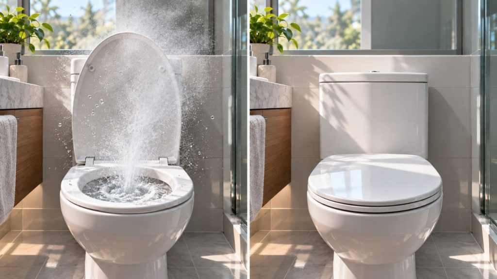 Seu vaso sanitário pode funcionar como um “canhão de aerossóis” e lançar uma nuvem invisível com E. coli, Staphylococcus e outros micróbios a mais de 1,5 metro após a descarga, enquanto estudos mostram que fechar a tampa reduz significativamente a dispersão pelo banheiro