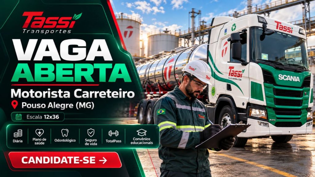 Vaga de emprego da Tassi Transportes abre oportunidade para Motorista Carreteiro em Pouso Alegre com CNH E, MOPP atualizado, experiência comprovada e disponibilidade para viagens longas