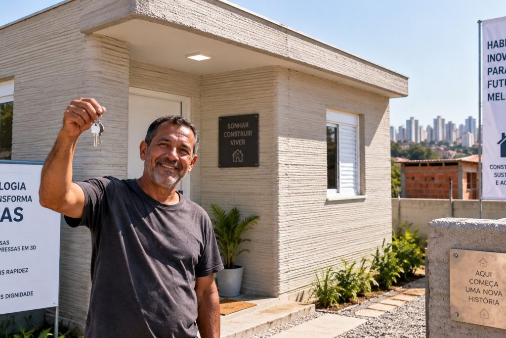 Depois de viver sob lona e enfrentar infiltrações, trabalhador recebe casa com impressão 3D em São Paulo, com dois quartos e estrutura produzida fora do terreno Depois de viver sob lona e enfrentar infiltrações, trabalhador recebe casa com impressão 3D em São Paulo, com dois quartos e estrutura produzida fora do terreno
