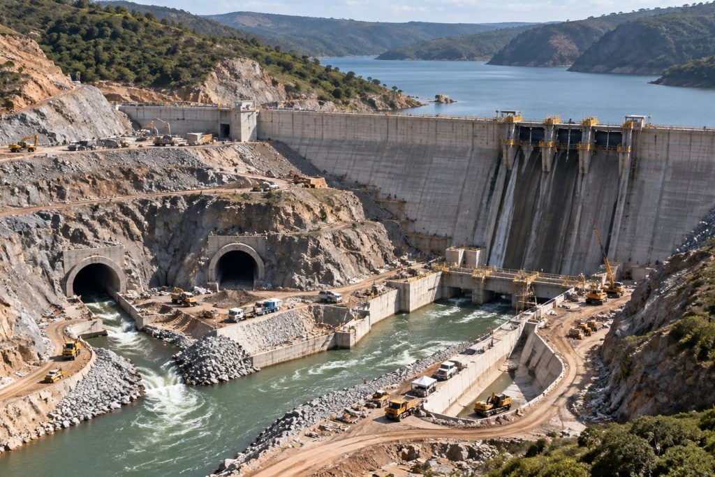 Para construir uma barragem com mais de 140 metros na Bahia, trabalhadores precisaram abrir dois túneis e mudar temporariamente o caminho do rio Paraguaçu