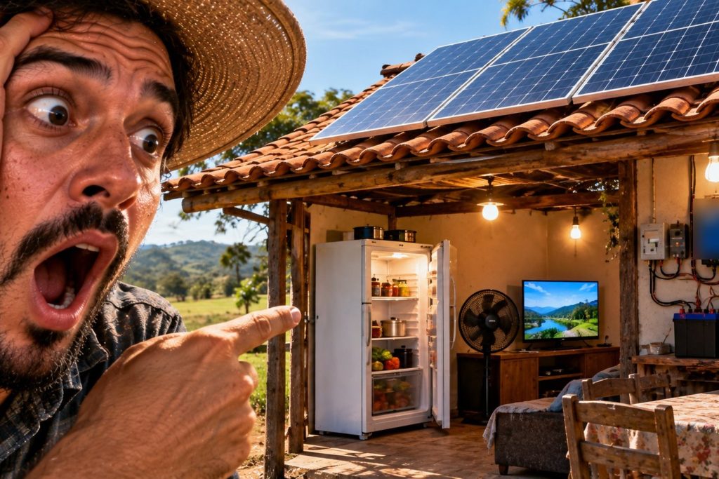 Moradores montam energia solar no rancho por cerca de R$ 2.100 com peças reaproveitadas e relatam funcionamento de geladeira, televisão, ventilador e lâmpadas Moradores montam energia solar no rancho por cerca de R$ 2.100 com peças reaproveitadas e relatam funcionamento de geladeira, televisão, ventilador e lâmpadas