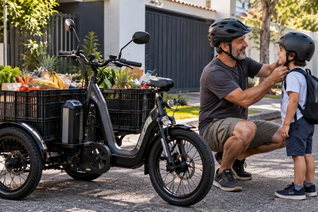 Triciclo elétrico leva duas caixas de compras e ainda sobra espaço, mas o dono mantém uma restrição quando o assunto é transportar o filho