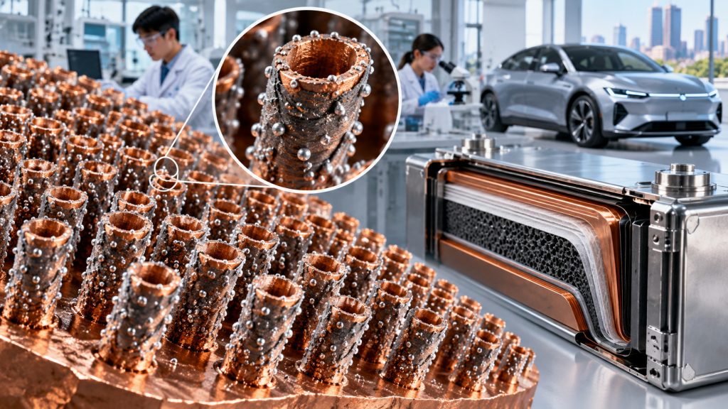 Cientistas sul-coreanos desenvolvem estrutura de nanotubos de apenas 300 nanômetros para reduzir o desgaste das baterias de lítio, superar limitações de durabilidade e abrir caminho para carros elétricos mais leves e eficientes