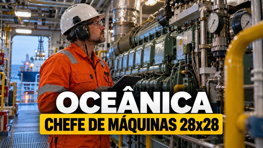 Oceânica abre vaga para chefe de máquinas embarcar em Rio das Ostras na escala de 28 dias de trabalho por 28 de folga, com CIR, STCW e benefícios