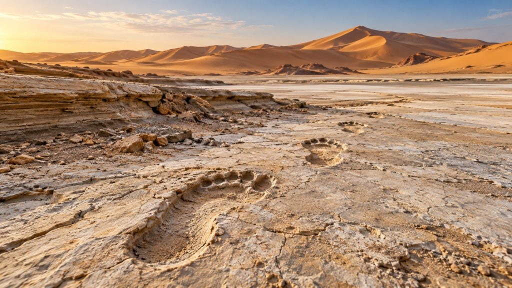 Pegadas humanas de mais de 112 mil anos aparecem no deserto da Arábia Saudita, onde pessoas caminhavam perto de elefantes e camelos