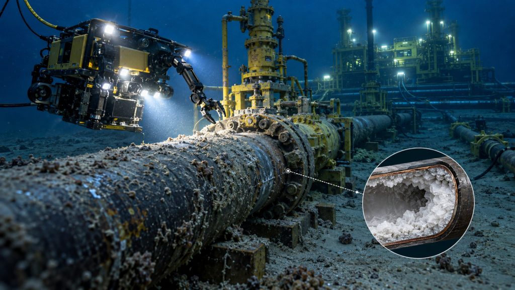 Um bloqueio invisível no fundo do mar pode interromper o escoamento de petróleo, e a Petrobras busca uma solução que reaproveita tubulações antigas e dispensa sondas em operações offshore