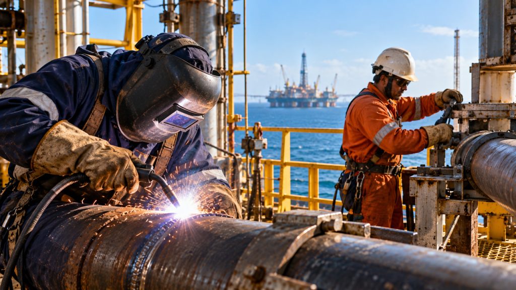 GP Service Offshore procura soldadores e caldeireiros para operações embarcadas, exige 3 anos de experiência e CBSP, T-HUET e IRATA; currículos pelo WhatsApp no RJ